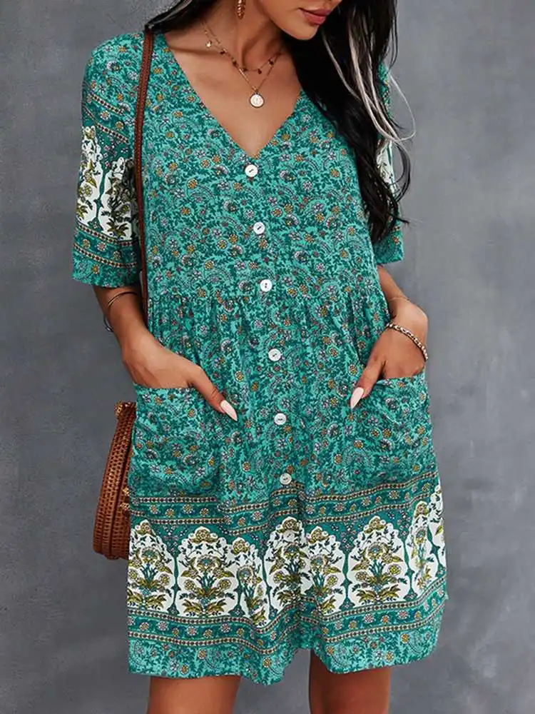 

ZANZEA Women Bohemian Printed Dress Short Sleeve V Neck Mini Sundress Summer Retro Floral Kaftan Holiday Button Vestidos Robe