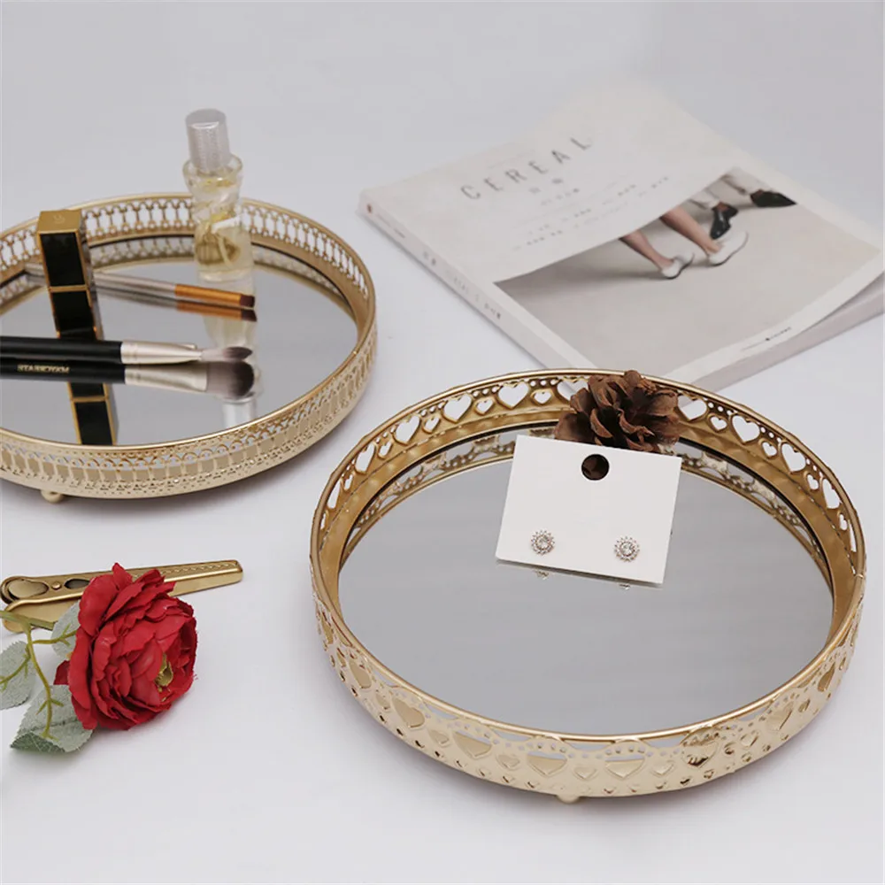 

Golden Color Delicate Jewelry Storage Tray Glass Mirror Base Bedroom Desktop Perfume Storage Box Cosmetic Decorative 1Pc