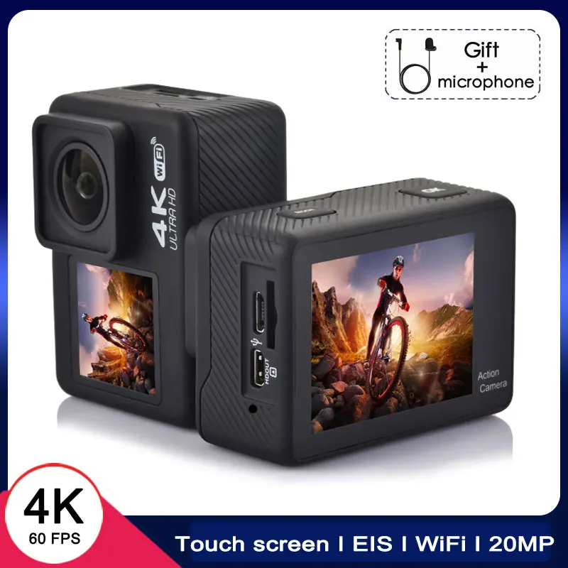 

Экшн-камера EIS 2,0 с двойным сенсорным ЖК-дисплеем, водонепроницаемая, 1080P, 60FPS, 4-кратным увеличением