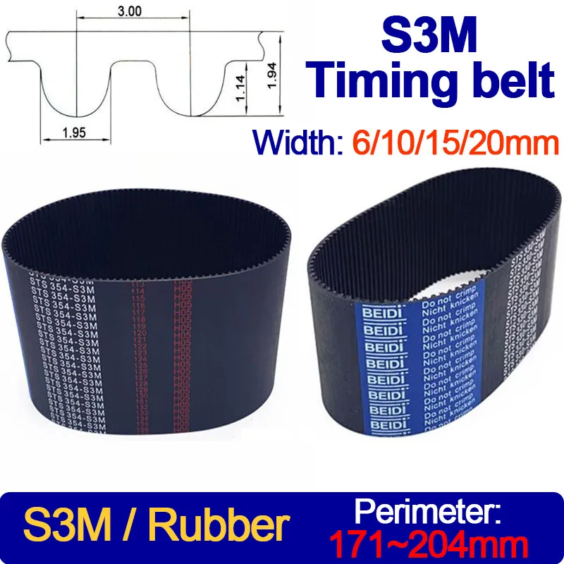 

S3M Timing Belt 171 174 177 180 183 186 189 192 195 201 204mm Length Width 6/10/15/20mm STS S3M Closed-loop Synchronous Rubber