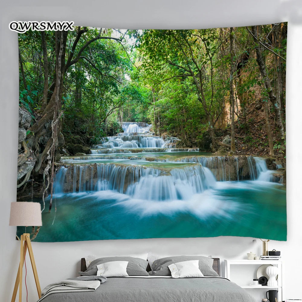 

Aesthetic Green Forest Cascade Scenery Tapestry Wall Hanging Landscape Decoration For Bedroom Room Decor Living Room Tapestries