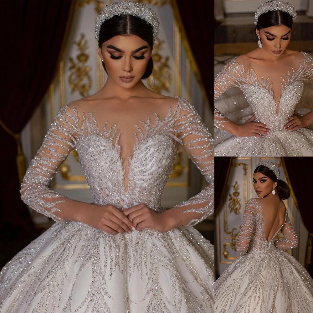 

Luxury Backless Wedding Ball Gown Scoop Neck Long Sleeves Bridal Gown Floor Length Full Bling Sequins Custom Made Bridal Dress