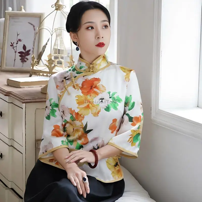 

2023 Весна и лето новый костюм Тан Китайский цветочный принт cheongsam seven-point рукав женский Повседневный qipao Топ s370