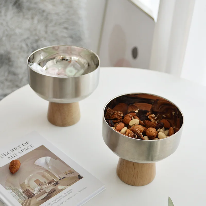 

Nordic Stainless Steel Round Storage Tray Solid Wood Base Desktop Kitchen Serving Plate Trays Decorative Trinket Tray Ice Tools