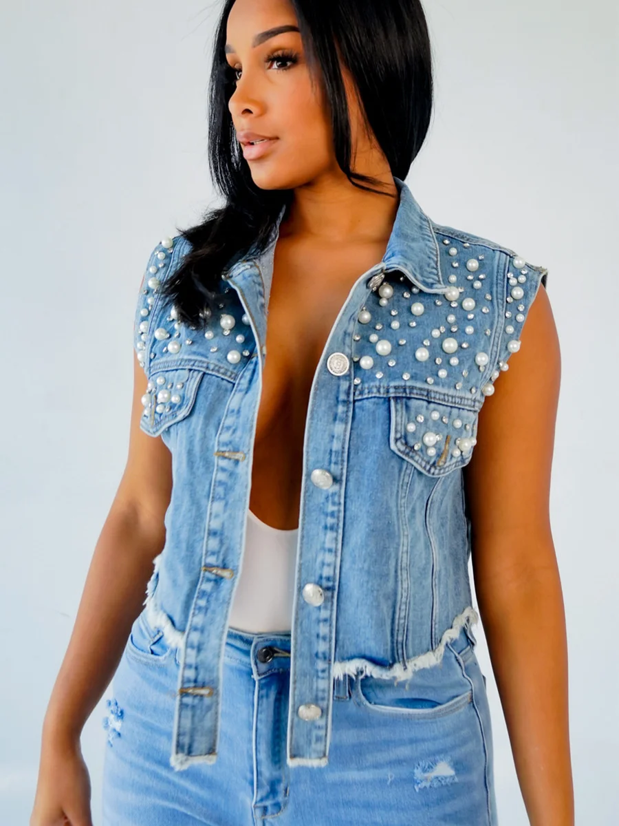 

New Nail Bead Diamond Inlaid Denim Vest Coat Denim Shawl Female Moda Denin Con Perlas Cowboy Jacket