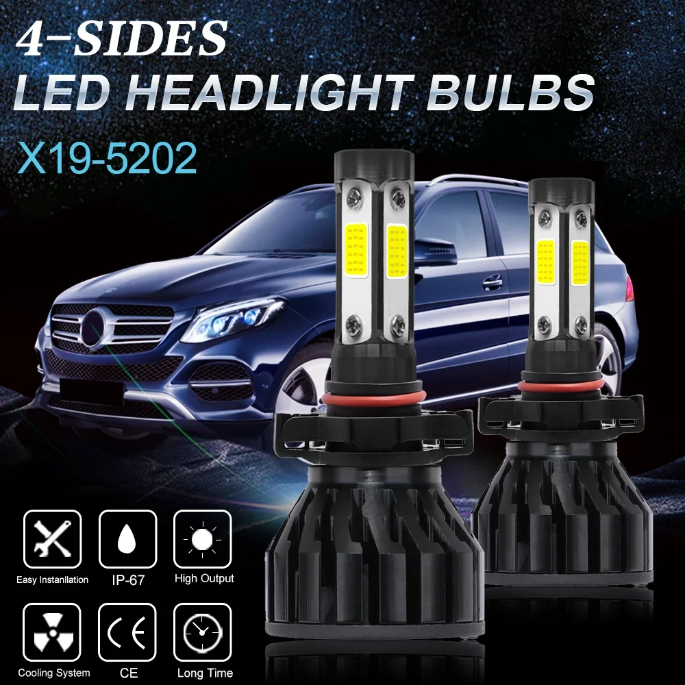 

X19 6000K 5202 LED Headlight Bulbs 44w H4 H7 H11 H13 LED Car Headlights 4 Side Lights 5202 9007 HB3 9006 COB Bulb Fog Light