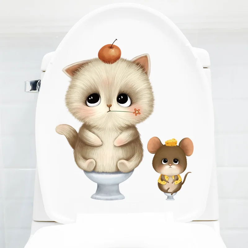 Cartoon Cat Mouse Wall Stickers Kitten for Kids Room Background Home Decoration Bathroom Toilet Wallpaper Cute Animals Stickers