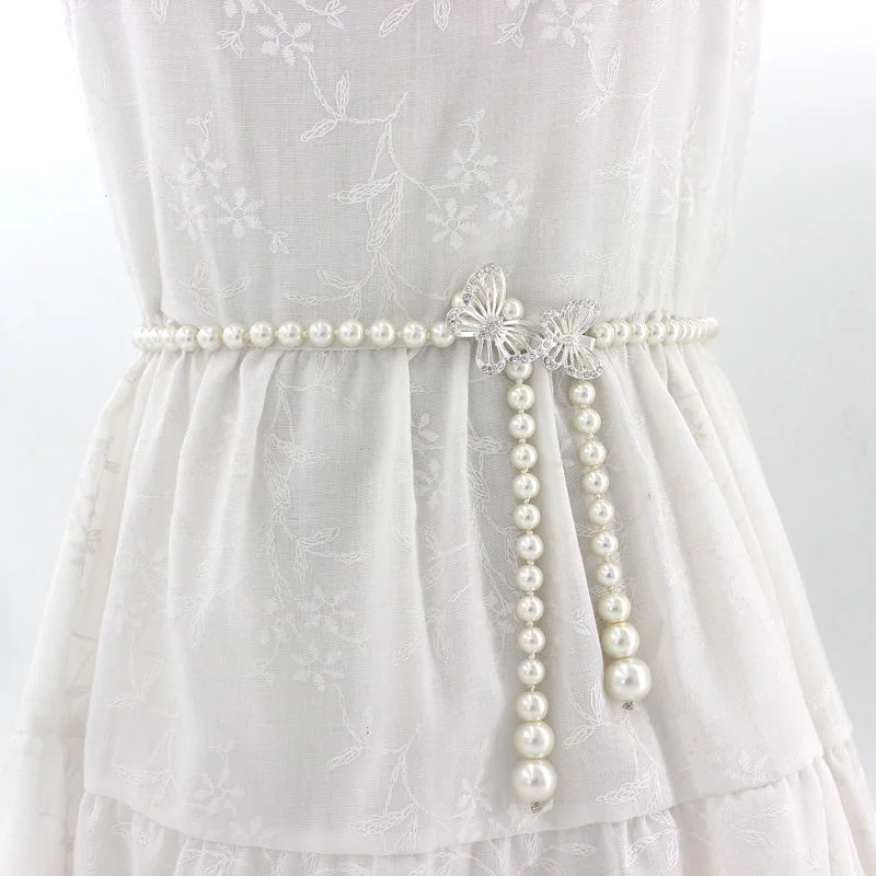 110cm Stock Women's Dress Decoration Thin Belt Girls Fashion Daisy Flower Pearl Waist Chain Belts for Women