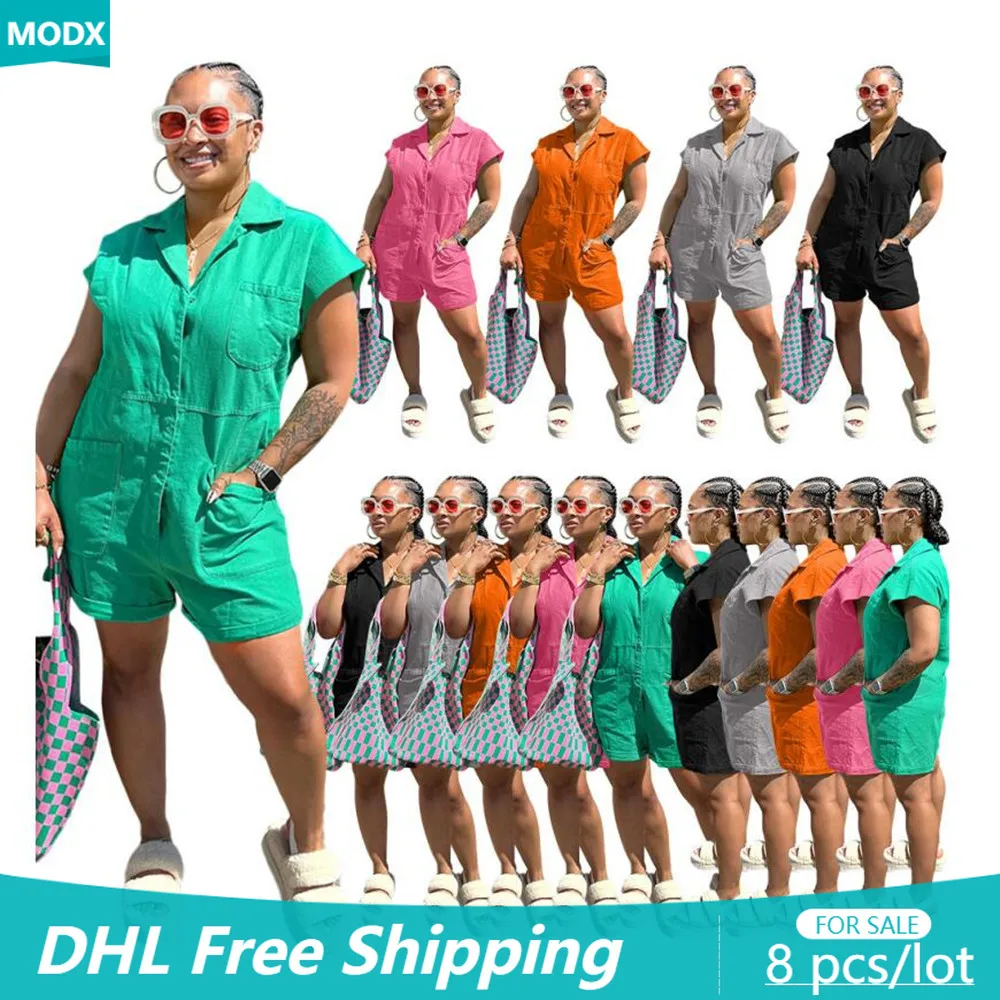

Bulk Items Wholesale Women Rompers 2022 Summer Solid Jumpsuits Button Short Sleeve Straight Lady Palysuits Female Bodysuits 7879