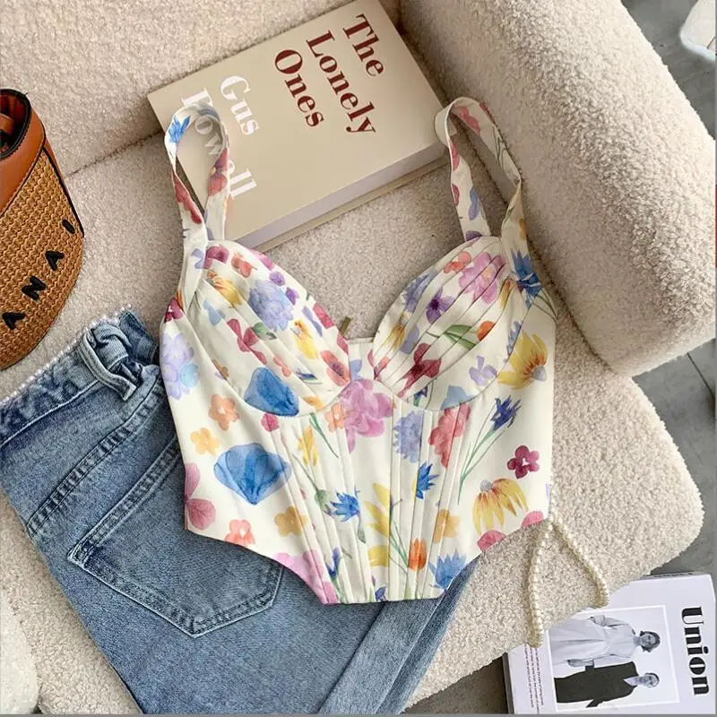 

Floral Print Fishbone Sling Camisole Women Inner Match Bra Outer Wear Sexy Pleated Wrapped Chest Tube Top Lady Corset p480
