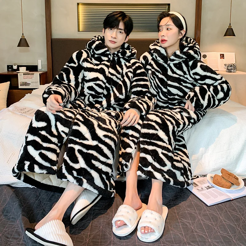 

Зимние теплые халаты-кимоно, халат для пар в полоску с зеброй, трехслойная удлиненная ночная рубашка, домашняя одежда из кораллового флиса с капюшоном