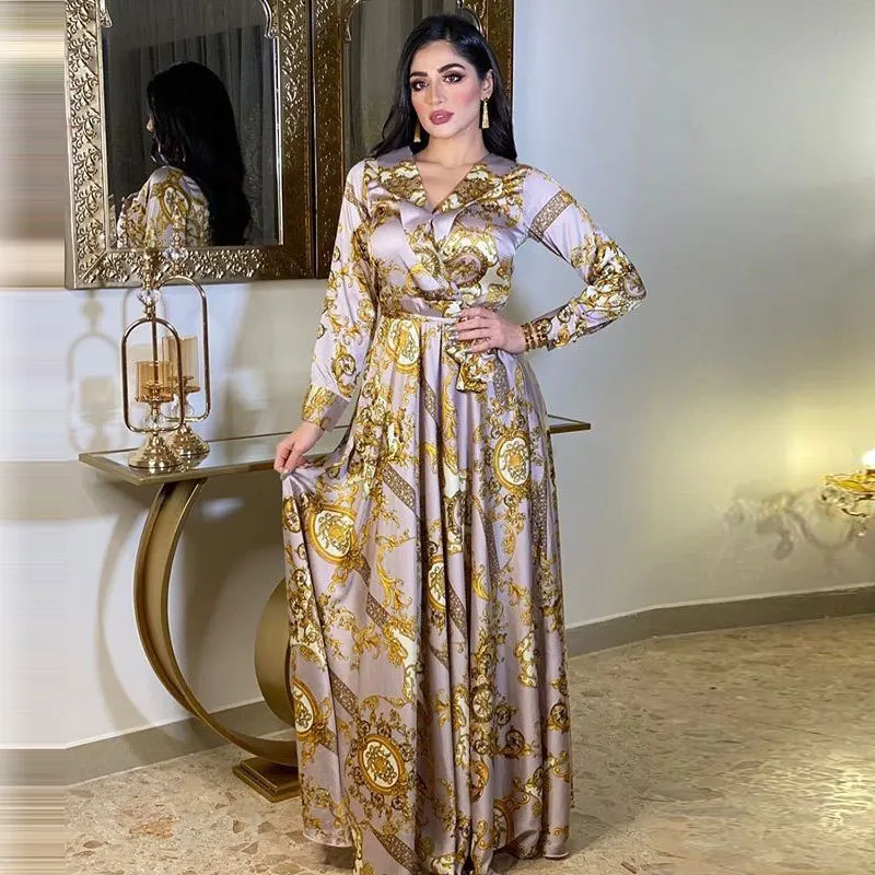 Robe Femme Musulmane Fashion Satin Printed Dress Spring Autumn Middle East Dubai Abaya Turkey Muslim Evening Dresses