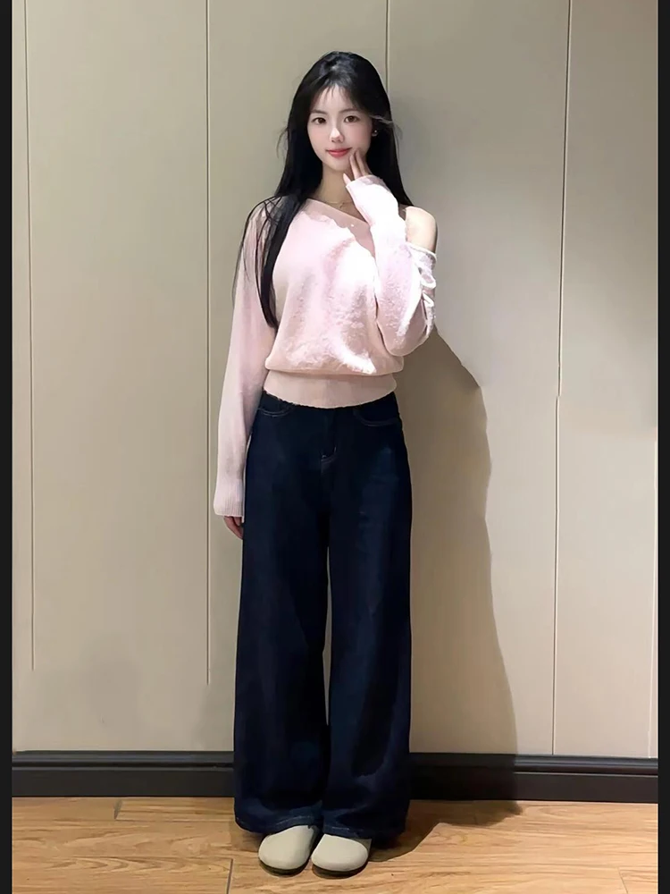 Pure Desire Sweet Gyaru Waist Hugging Pink Sloping Shoulder Sweater Women Autumn and Winter 2024 New Small Short Knit Top