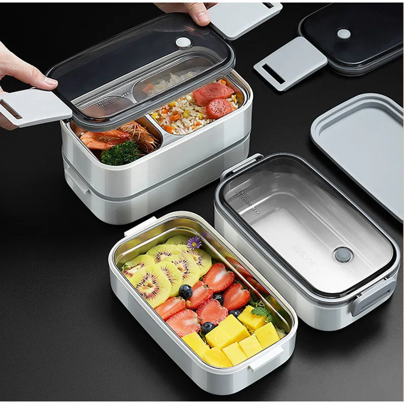 

304 Stainless Steel Lunch Box 1/2 Layers Portable Grids Bento Box Microwaveable Student Office Worker Food Storage Containers