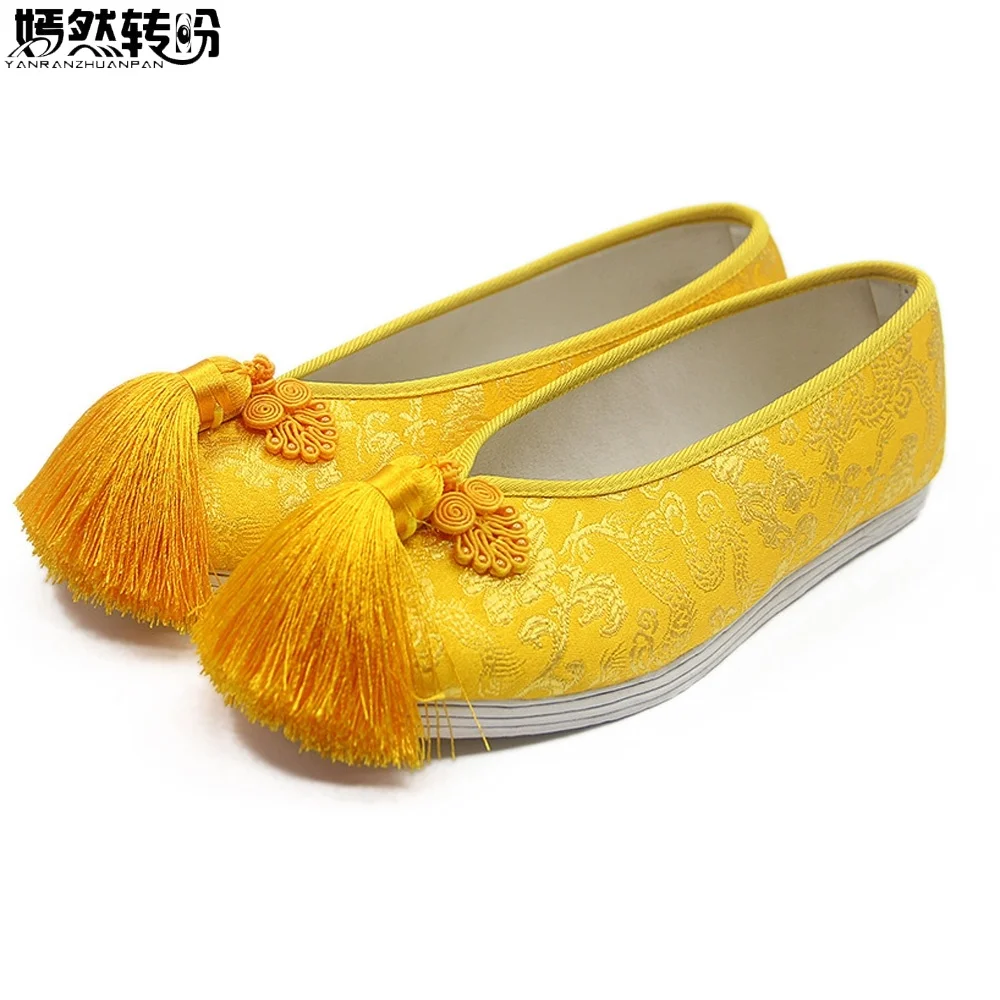

Women Flats Bride Shoes Chinese National Wedding Yellow Satin Dragon Phoenix Embroidered Tassel Single Ballet Woman