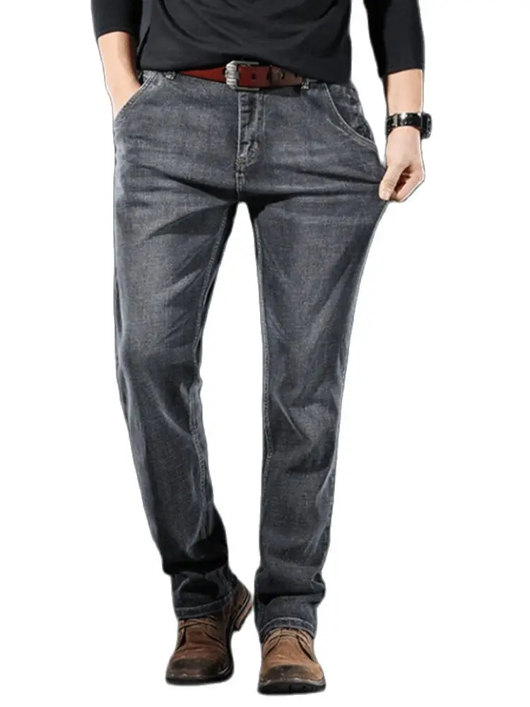 Fashion High Street Men' Wear Solid Color Loose Straight Leg Stretch Wash Jeans Masculina Quality Business Casual Denim Trousers