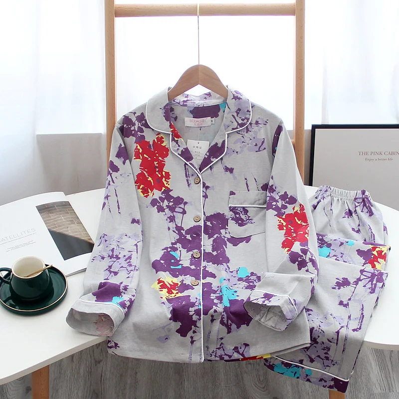 New Women Knitted Cotton Turn-Down Collar Pajama Set Comfort Loose Household Ladies 2Pcs Sleepwear Cardigan Pants