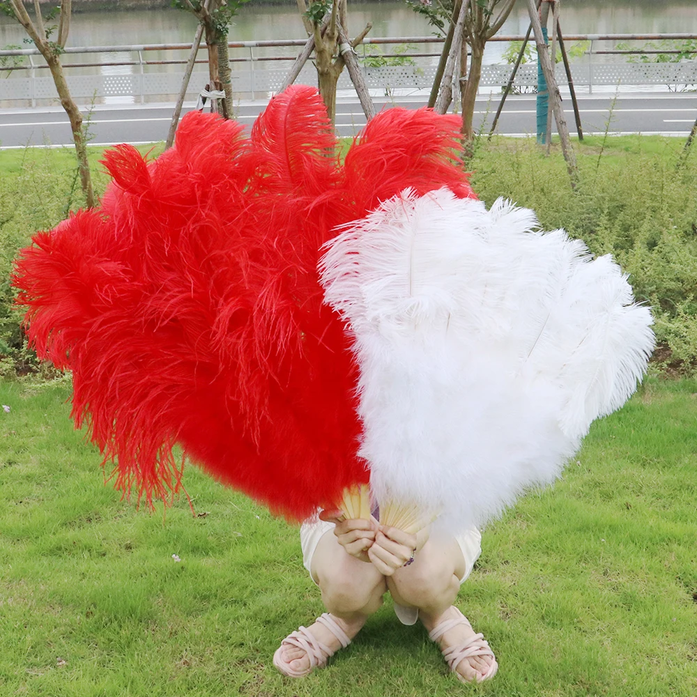 

13 Bones Fluffy White Red Ostrich Feathers Fan for Wedding Party Dance Large Performance Ornament Stage Props Size :110cm*75cm