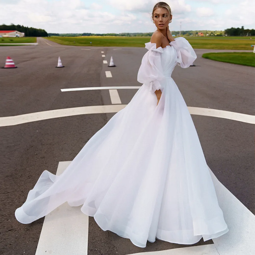 

Custom Made A-Line Bridal Gowns Off the shoulder Wedding Dresses For Women Puffy Sleeves White Princess Organza Beach Vestid