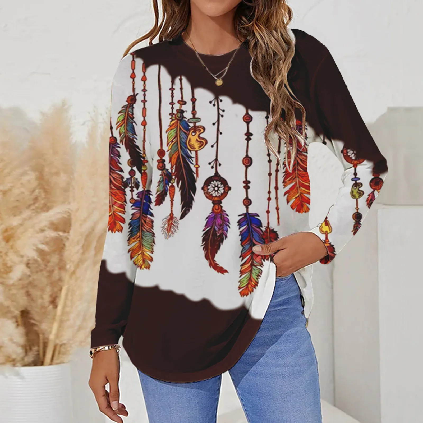 

Women Casual Round Neck Shirt Long Sleeve Ethnic Print Blouse Regular T Shirt Top Black Tees for Women
