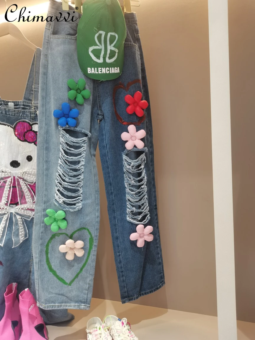 

Женские прямые рваные джинсы в стиле ретро, голубые рваные джинсы с эффектом швабры, модные облегающие джинсы с завышенной талией и широким...