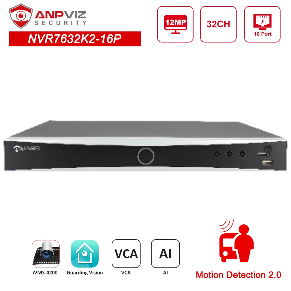 Сетевой видеорегистратор Anpviz, 12MP AI 32CH POE NVR OEM DS-7632NXI-K2/16P, IP-камера, система видеонаблюдения, видеовыход P2P VCA до 40 ТБ