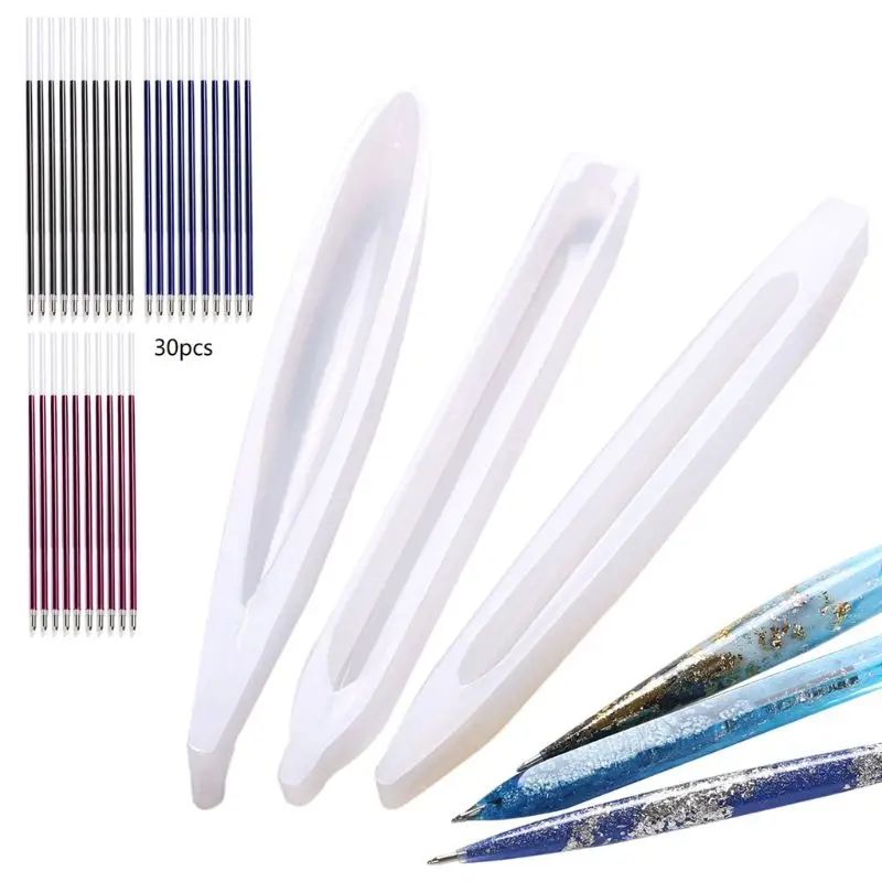 

3Pcs DIY Ballpoint Pen Silicone Resin Molds With 30Pcs Refills 3 Colors Pen Epoxy Resin Casting Molds Art Craft Tools