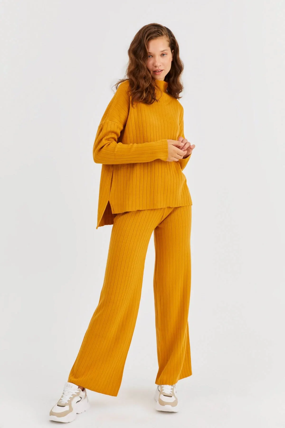 

Women's Cardigan Mustard ribbon Standing Collar Sweater And Wide Leg Trousers sportswear Suit Casual Fashion Sweaters