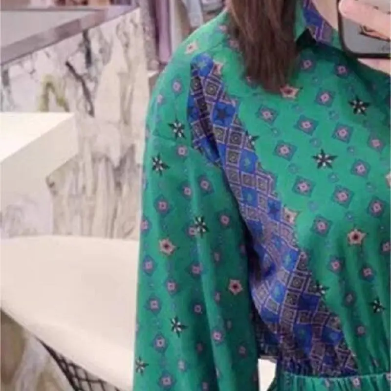 

Women Mini Robe Ruffles Printed Long Sleeve Vintage Dress