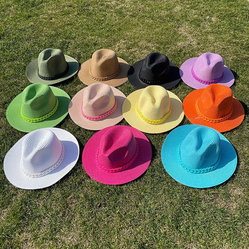 

New Color Chain Unisex Jazz Straw Hat Outdoor Women Seaside Vacation Beach Cap Fashion for Men Wide Brim Western Cowboy Hats