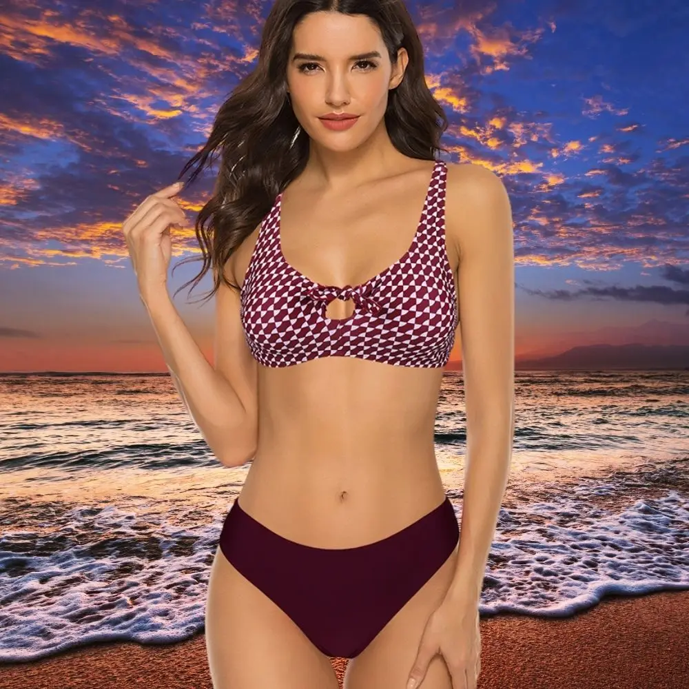 Womens Women Deep Purple Checkerboard Bra Front Bow Tie Sexy Checkered Bikini Classic Pure Pants Low Waist Lift up Swimwear Suit