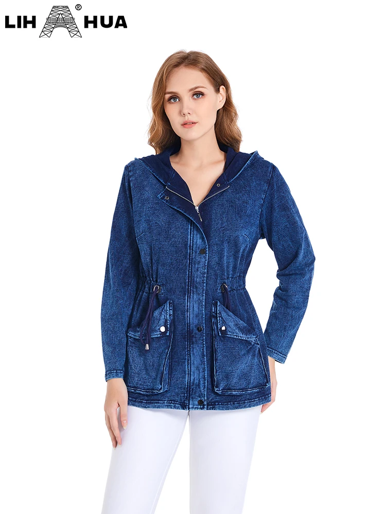 

LIH HUA Women's Plus Size Denim Jacket Autumn Casual Denim Jacket High Flexibility Hoodie Cotton Knitted Denim Jacket