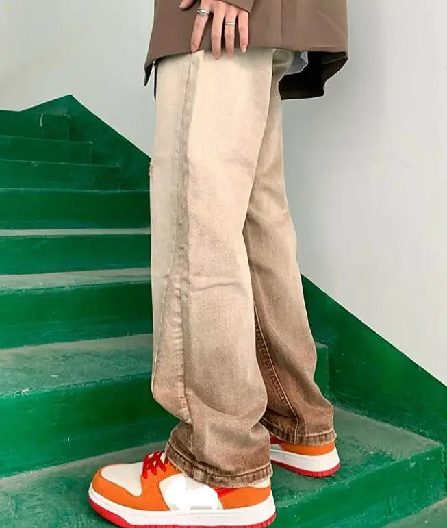 Gradient Color Washed Coffee Color Ripped Jeans Men Tide Brand Retro Brown Hollow Straight-Leg Pants