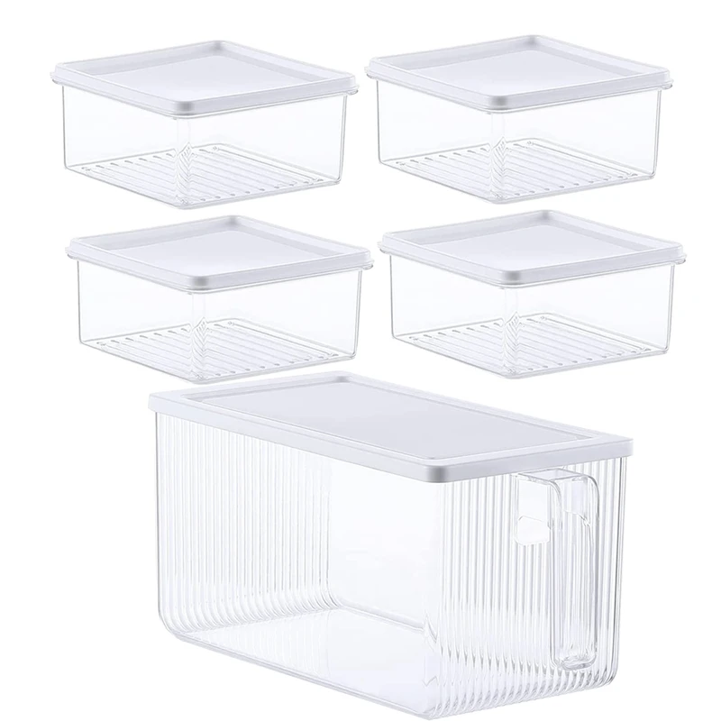 

Set Of 5 Transparent+White Fridge Organiser With Lid And Handle For Dishwasher, Microwave, Kitchen, Fridge, Cupboards