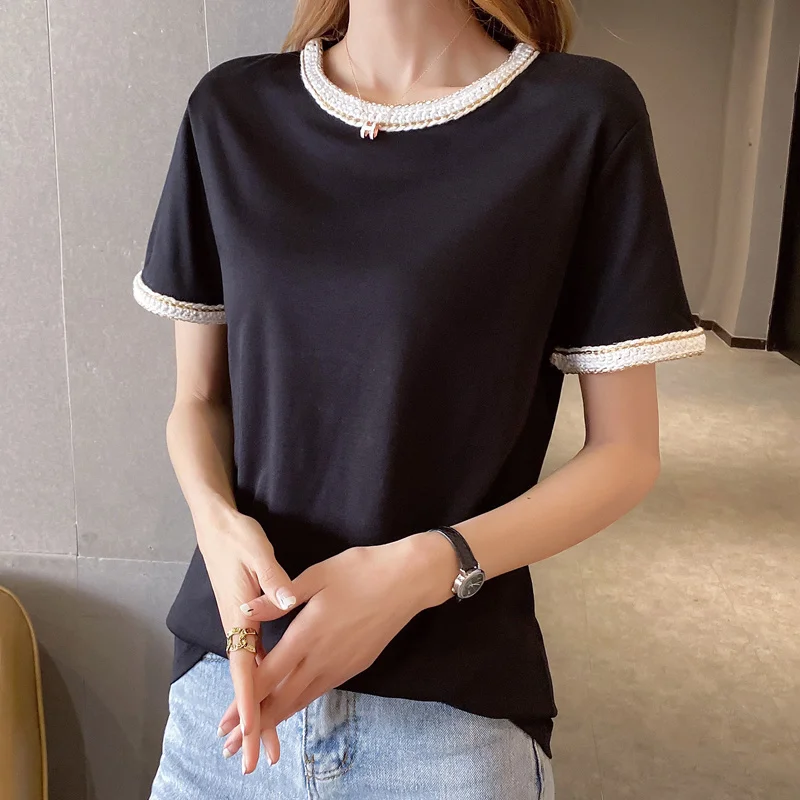 

T shirt Women Black O Neck Short Pactwork Tshirt Womens Casual Cotton Korean Style Tee T Shirt tops Clothes Camiseta Mujer