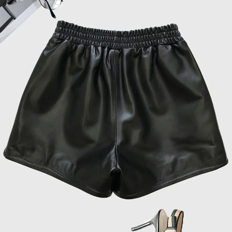 Fashion Women Real 2023 Leather 100% Sheepskin Shorts Spring Elastic Waist A-Line Genuine Leather Wide Leg Shorts Female Black