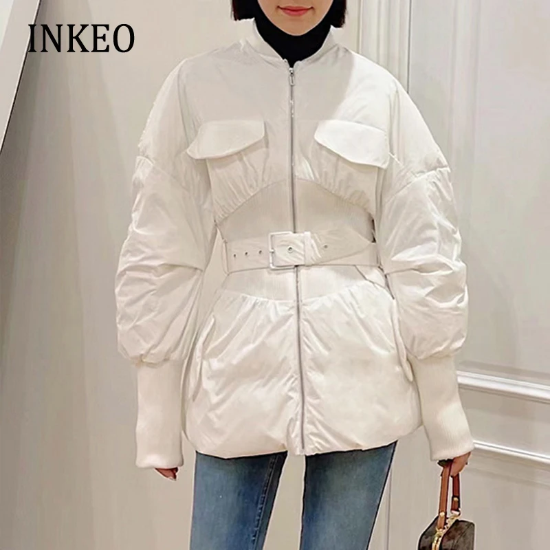 Women Winter Knit patchwork jacket High street Long sleeve Padded coat with belt Black Zipper Outwear Slim Warm New INKEO 2O303