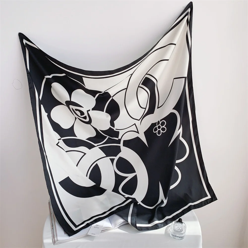 

Женский Шелковый платок 90*90 см, квадратный брендовый офисный платок с принтом в виде черной качелли, платок с кольцами