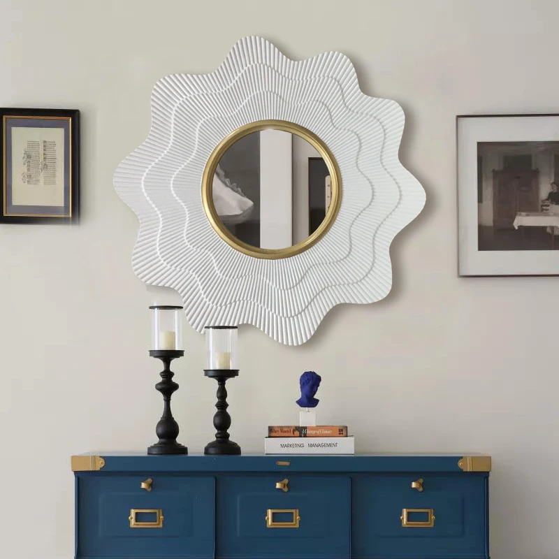 

Design Edge Wall Mirror Art Wood Macrame Frame Nordic Round Mirror Hanging Aesthetic Decoration Chambre Living Room Decoration