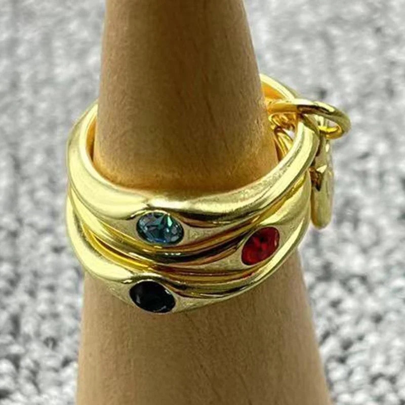 

New Fashion Electroplated Silver 92514K Exquisite Dark Blue Red Light Blue Gem Triple Ring Women's Proposal Holiday Gift