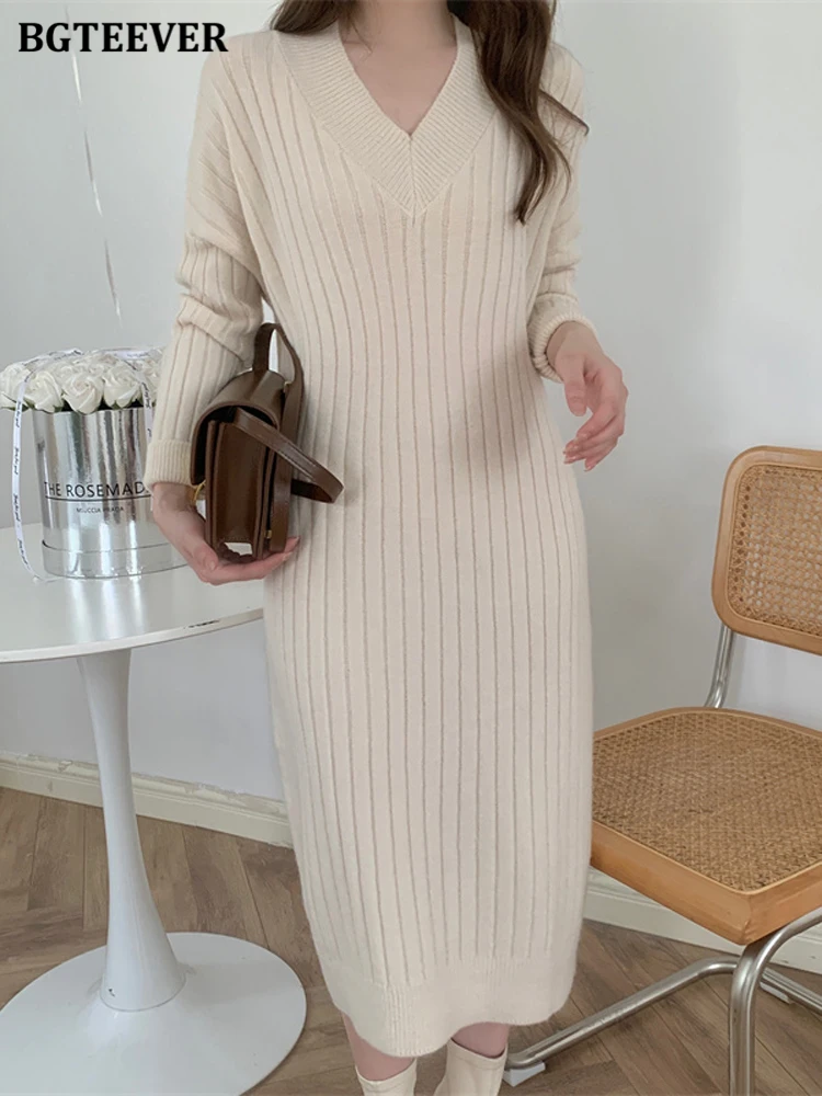 

Повседневные плотные женские пуловеры BGTEEVER с V-образным вырезом, свитеры, платье, свободное женское вязаное платье с длинным рукавом, Осень-...