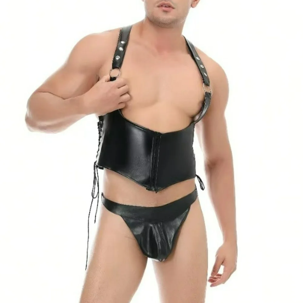 Men's Sexy PU Leather Lace Up Tank Top and G-string Pants Set Tight Jumpsuit Emotional Party Night Club Wear Temptation Clothing