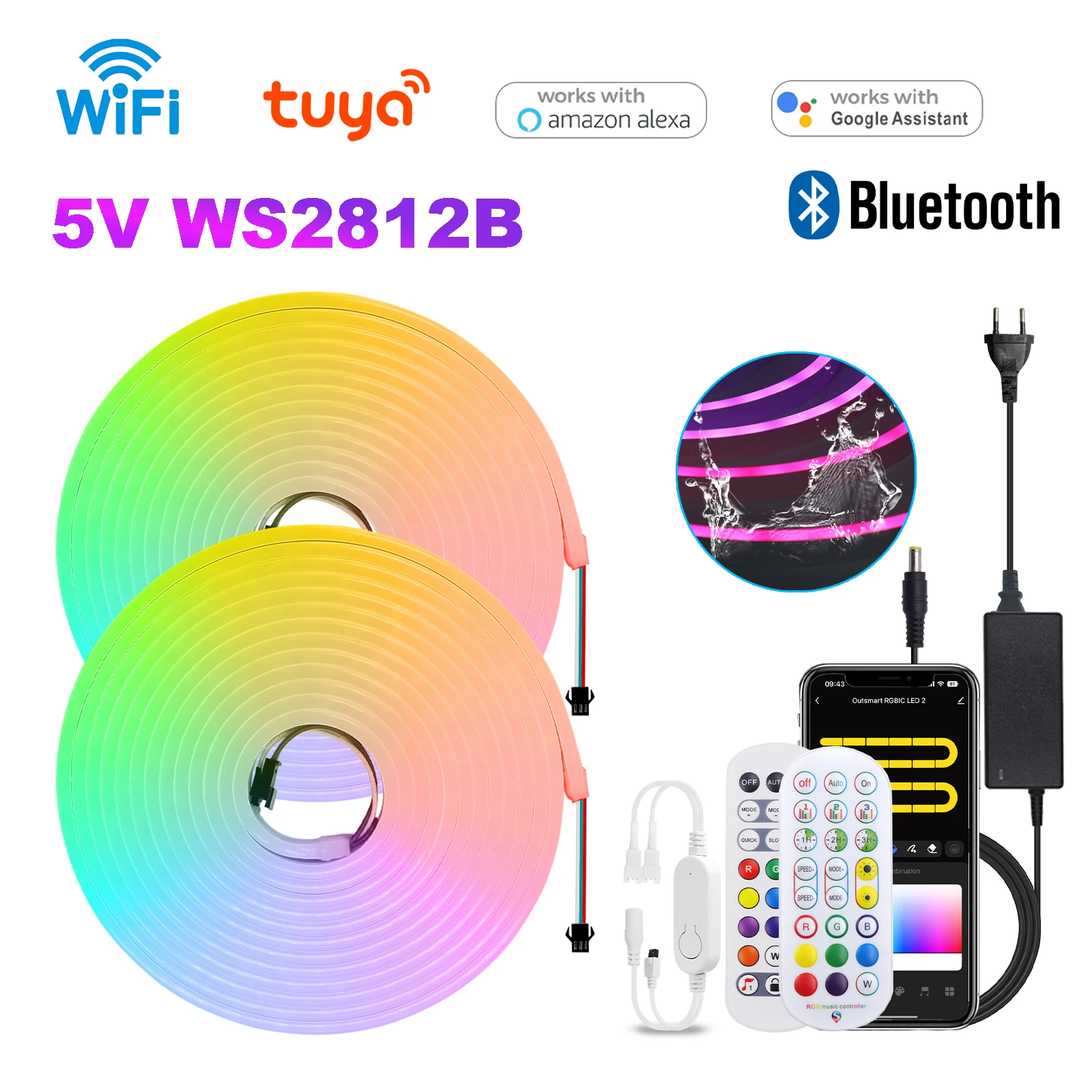 Tuya WS2812B RGBIC Светодиодная неоновая лента DC5V Водонепроницаемая гибкая веревка Свет