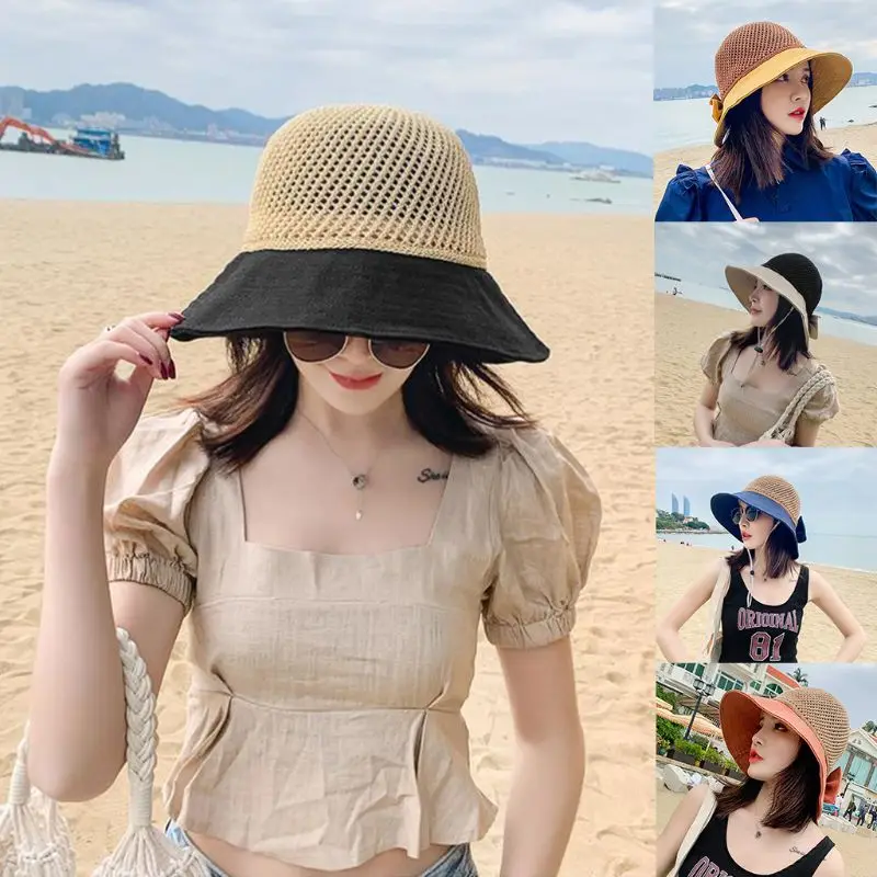 

Женская летняя шляпа контрастного цвета для солнцезащитного козырька, соломенная лоскутная шляпа с милым бантом и широкими