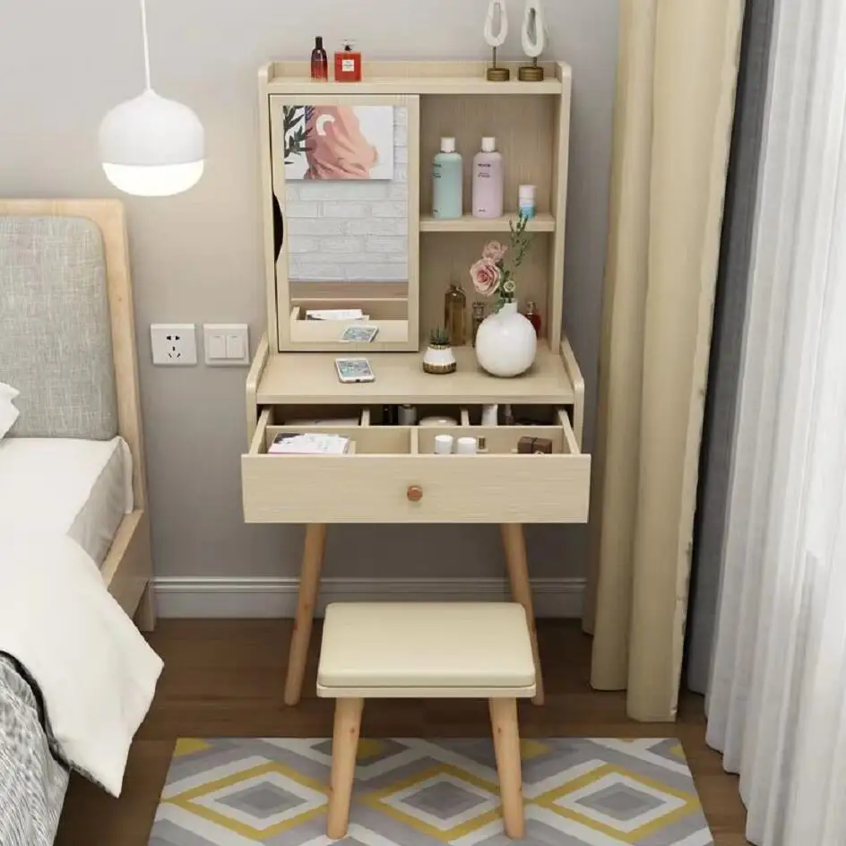 

New 40/50/60/cm Makeup Dressing Table Set with Stool Makeup Vanity Table Storage Beside Bedroom Table with Stool and Drawer