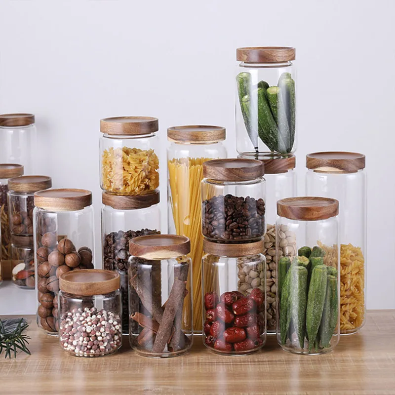 Wood Lid Glass Airtight Canister Kitchen Storage Bottles Jar Sealed Food Container Tea Coffee Beans Grains Candy Jars Containers