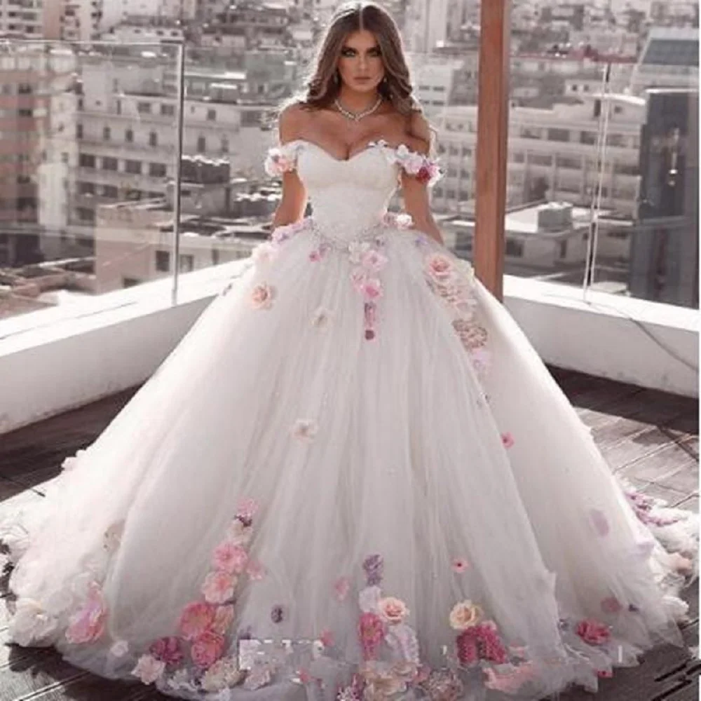 

Off Shoulder Tulle Ball Gown Wedding Dresses Floral Flowers Beaded Bride Dress Sweetheart Princess Prom Dress Quinceanera Gown