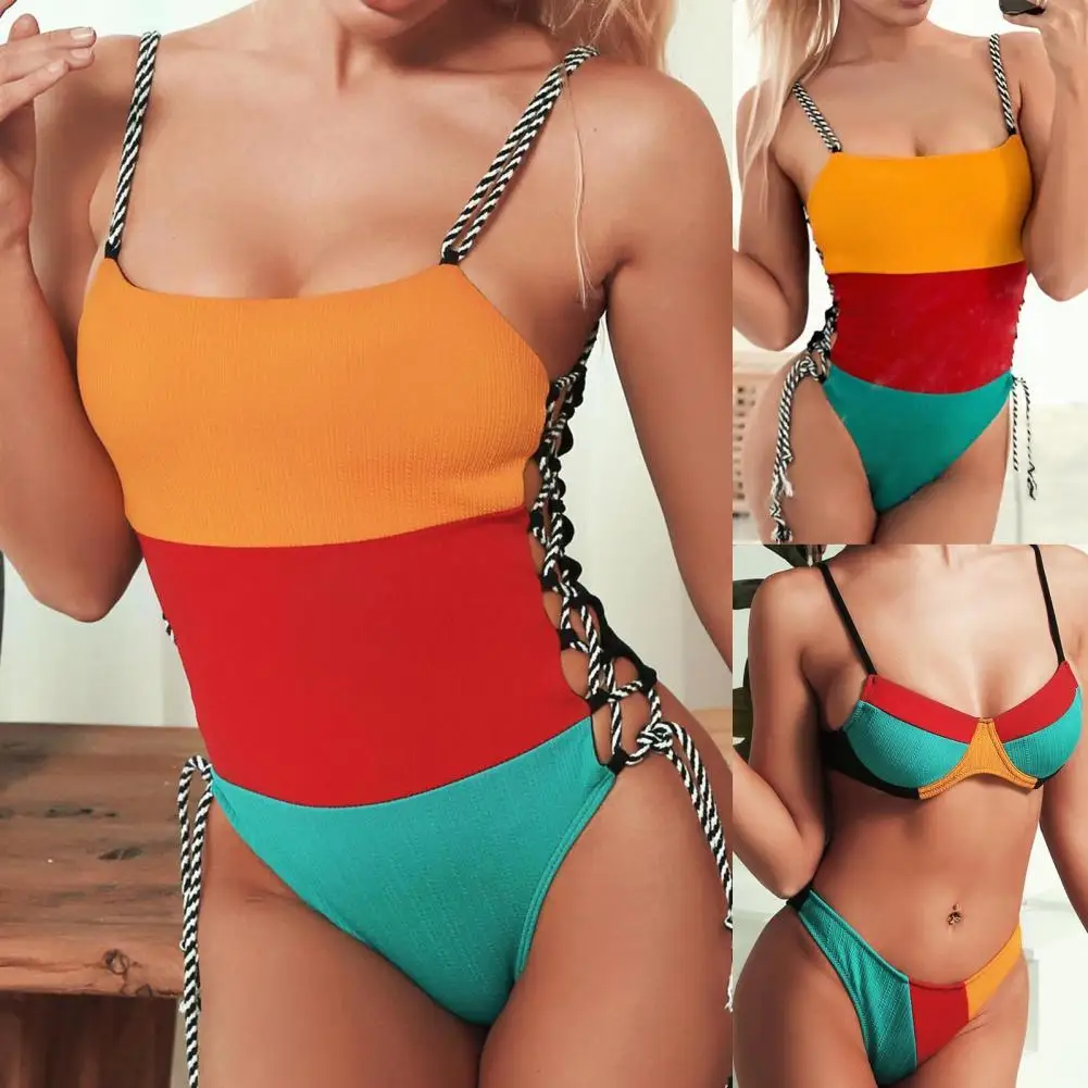 

Beautiful Bodysuit Swimsuit Padded Beachwear Women Monokini Lady Stitching Color Bikini Set