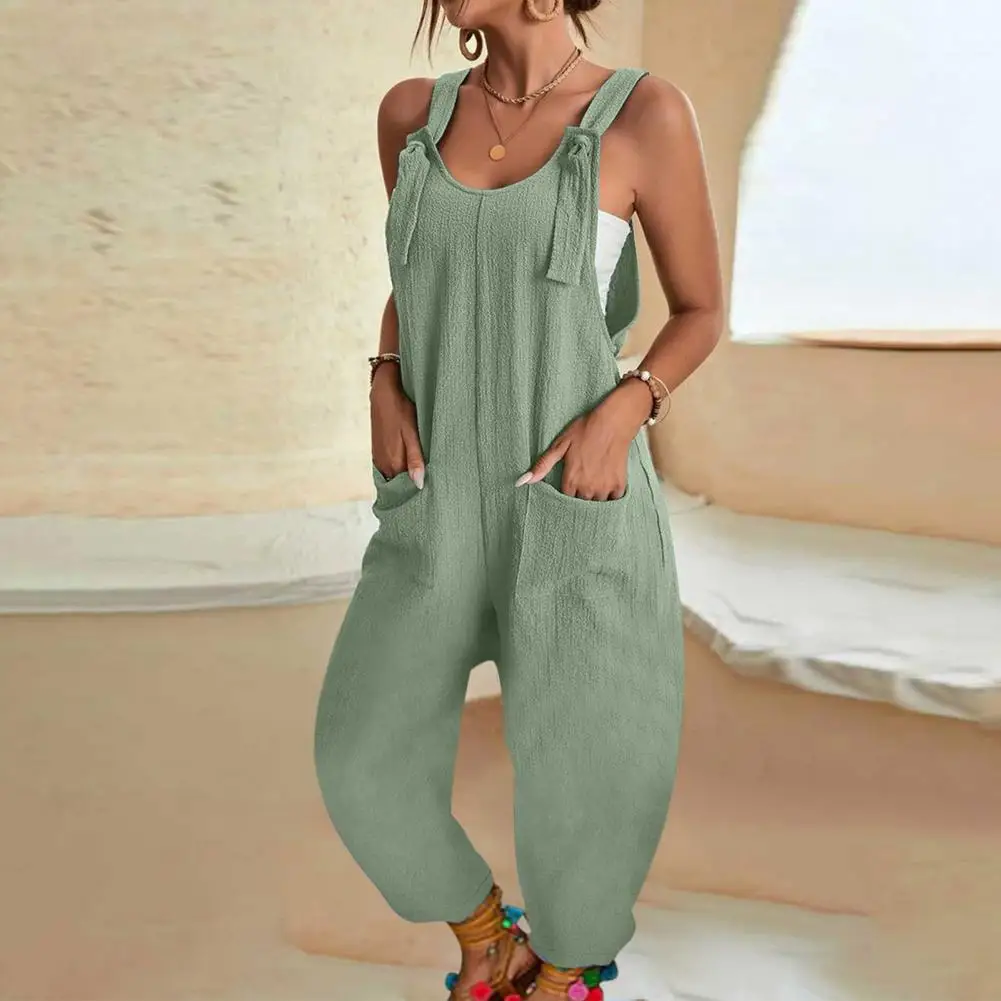 

Women Jumpsuit Adjustable Wide Shoulder Straps Jumpsuit Pockets Wide Leg Solid Color Thin Long Playsuit Bib Overall Streetwear