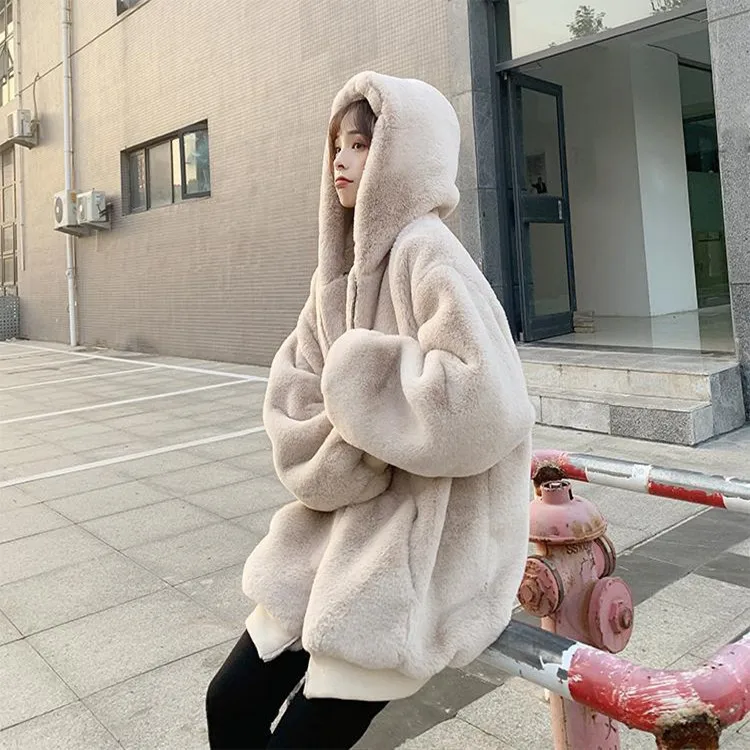 women jacket 2022 ins hot sale Plush jacket women winter imitation Rex rabbit fur grass mid-length large size loose thick hooded